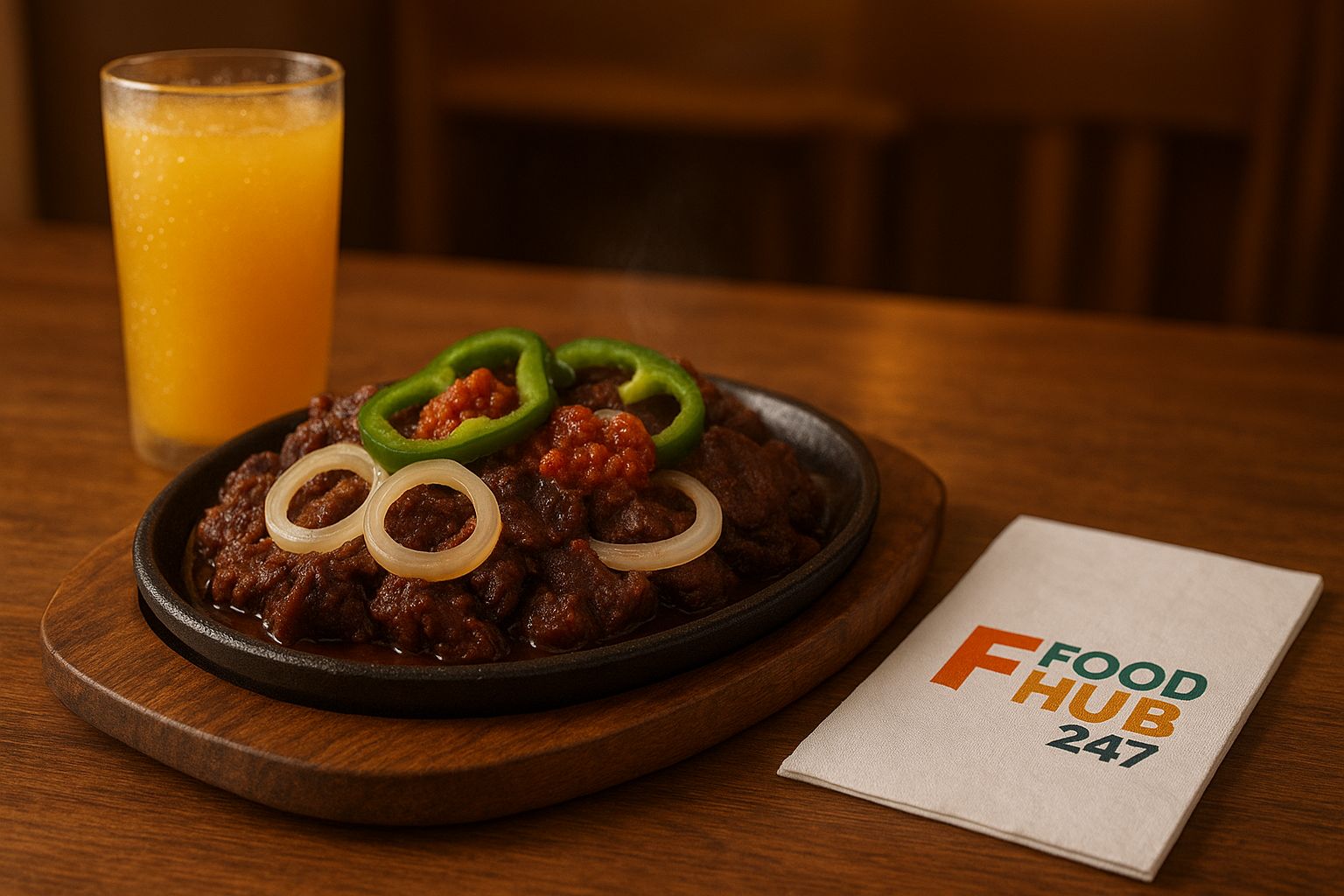 FoodHub247 branded dish served on a sizzling plate